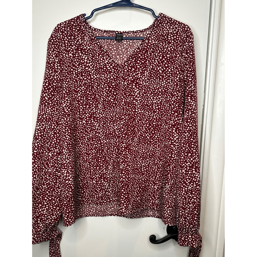 Shein Burgundy Dalmatian Dot V-Neck Blouse with Tie Cuffs Red White Size M
